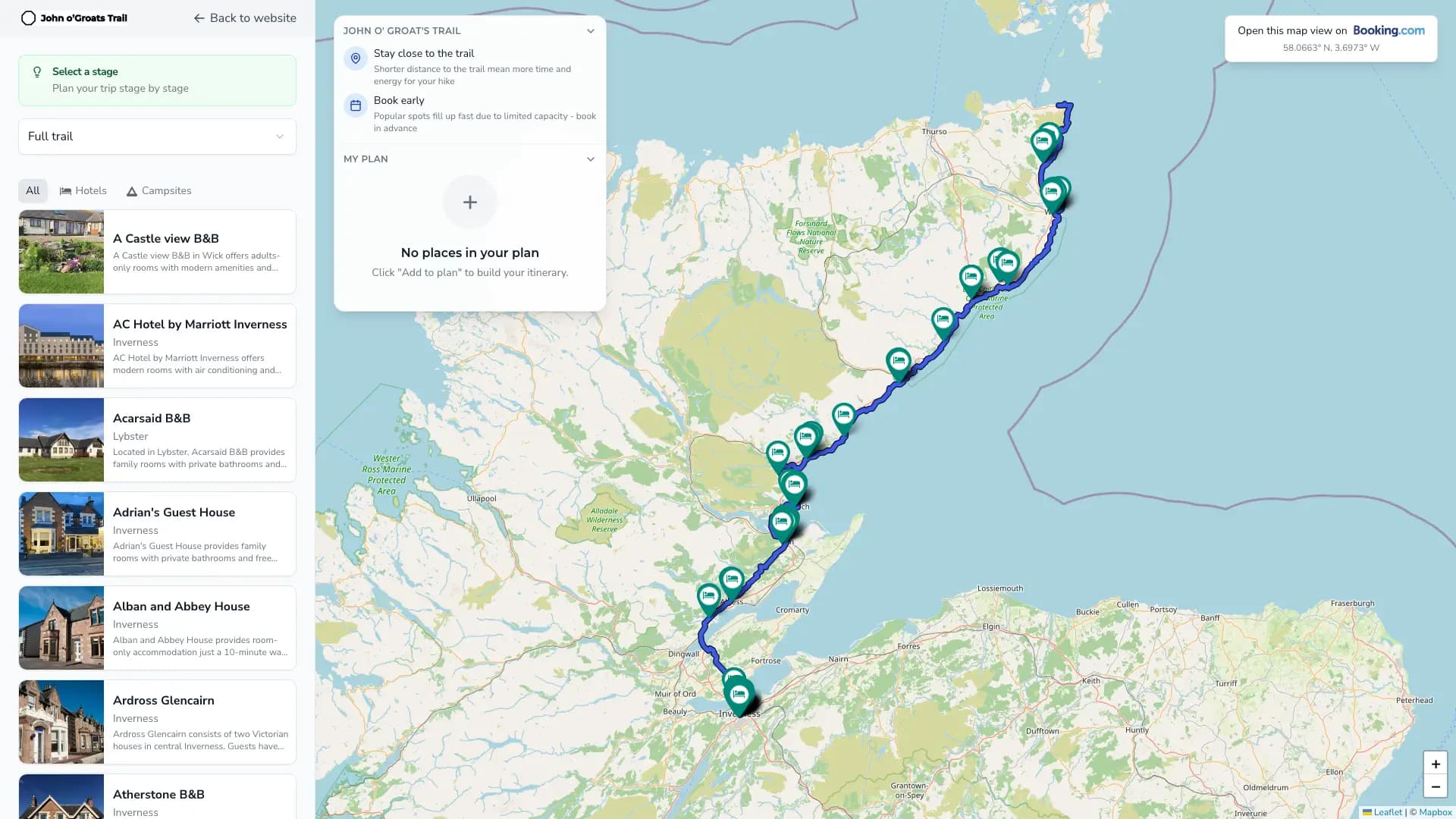 Planner map view with stages and accommodation along the trail